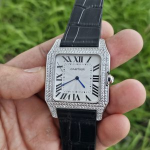 Cartier Santos Dumont White Gold Manual Wind Aftermarket Diamonds
